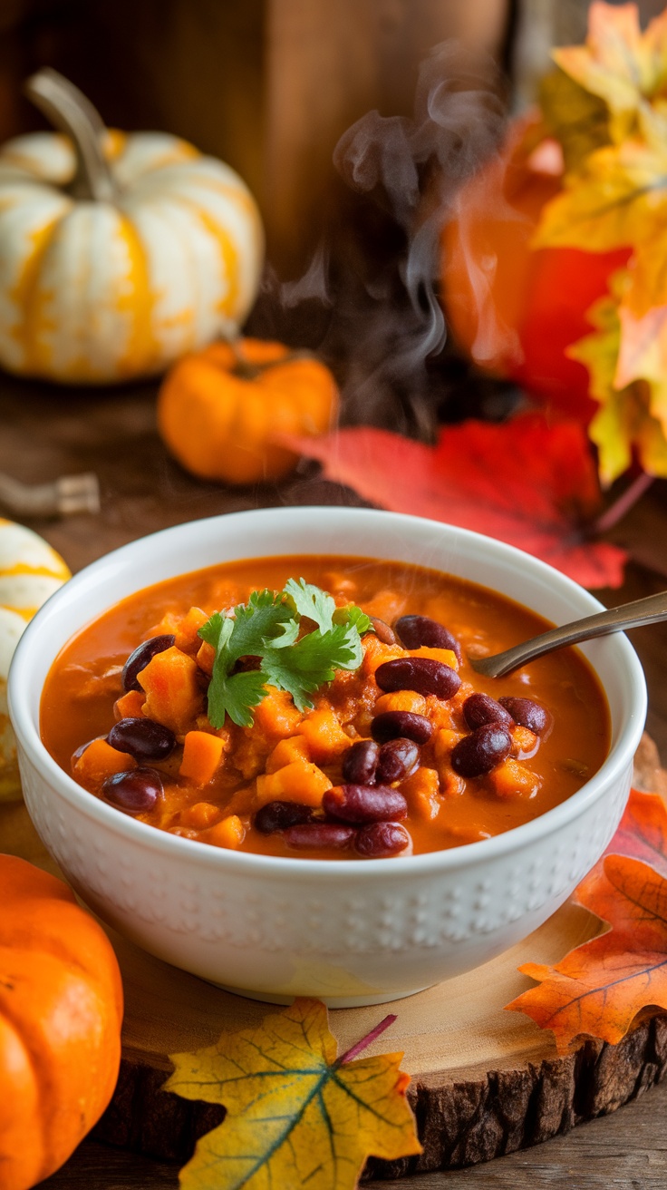 A cozy bowl of pumpkin chili with beans and cilantro on a rustic table, surrounded by fall decorations.